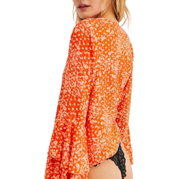 Free People Ditsy Orange Floral Wide Tiered Bell Sleeve Bodysuit - Picture 3 of 11